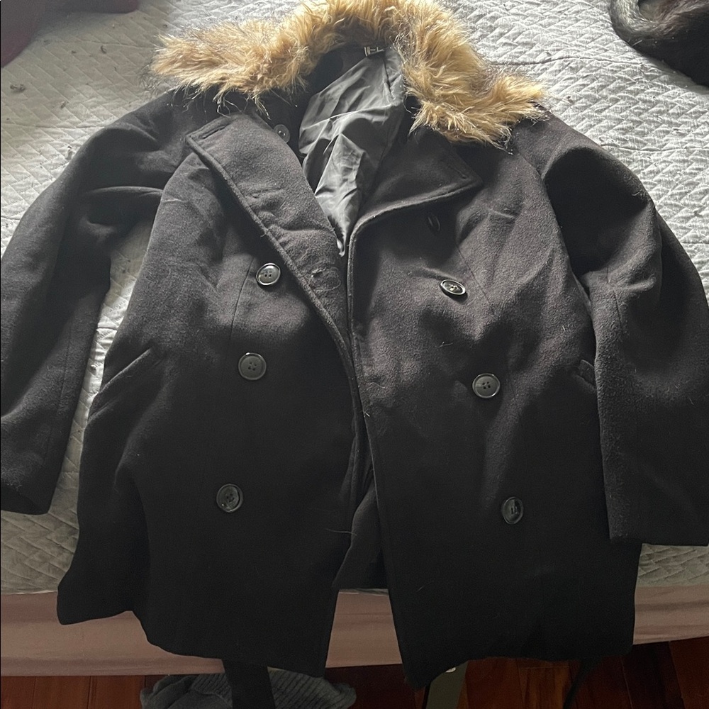 Forever 21 Black Coat with Faux Fur Trim
